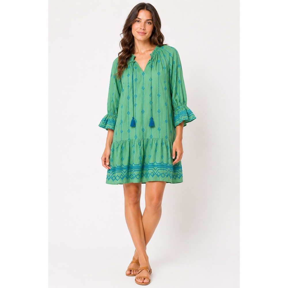 Umgee Green Embroidered Cotton Tassel Boho Babydoll Mini Dress Small